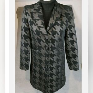 Giacca Coat Large Long Peacoat Black Houndstooth Soft Button Front Classy Womens
